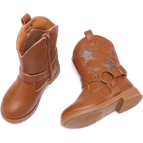 ⚡Girls 2-Brown Microfiber Little Kids Mid Calf Western Pointed Toe Riding Boots - Picture 4 of 6